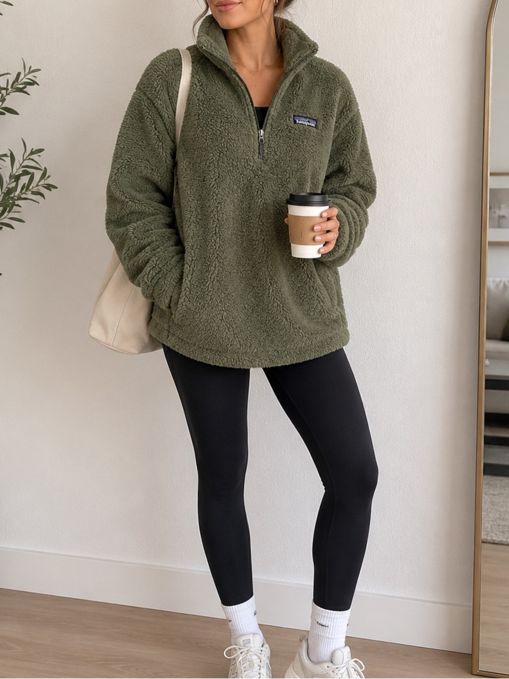 Patagonia Olive Green Teddy Fleece Pullover Quarter Zip Oversized Sweater XS‎